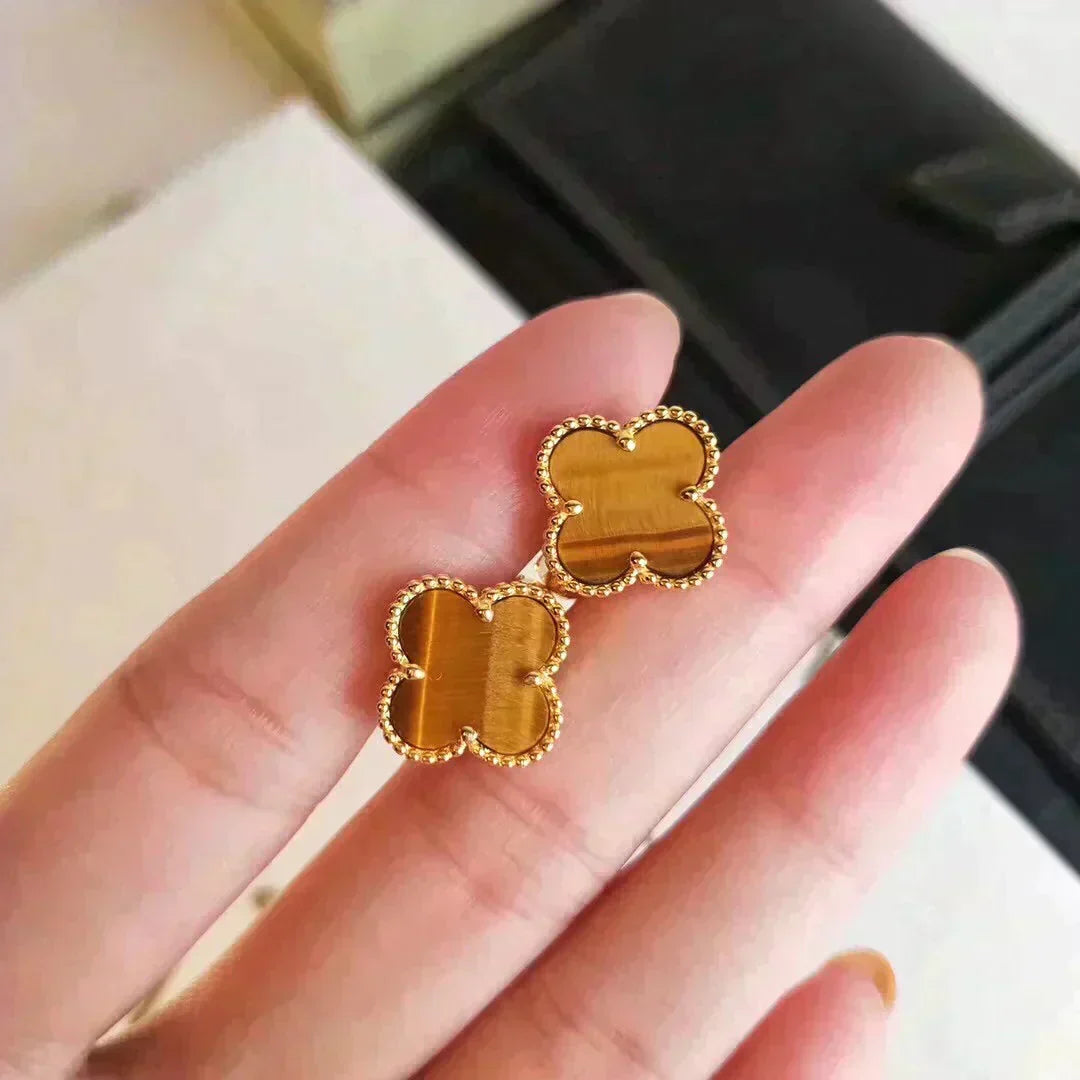 [⭐Shinejoy]クローバー ミディアム 1モチーフ タイガーアイ ピアス