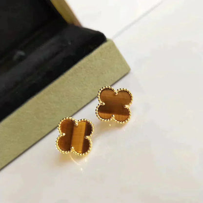 [⭐Shinejoy]クローバー ミディアム 1モチーフ タイガーアイ ピアス