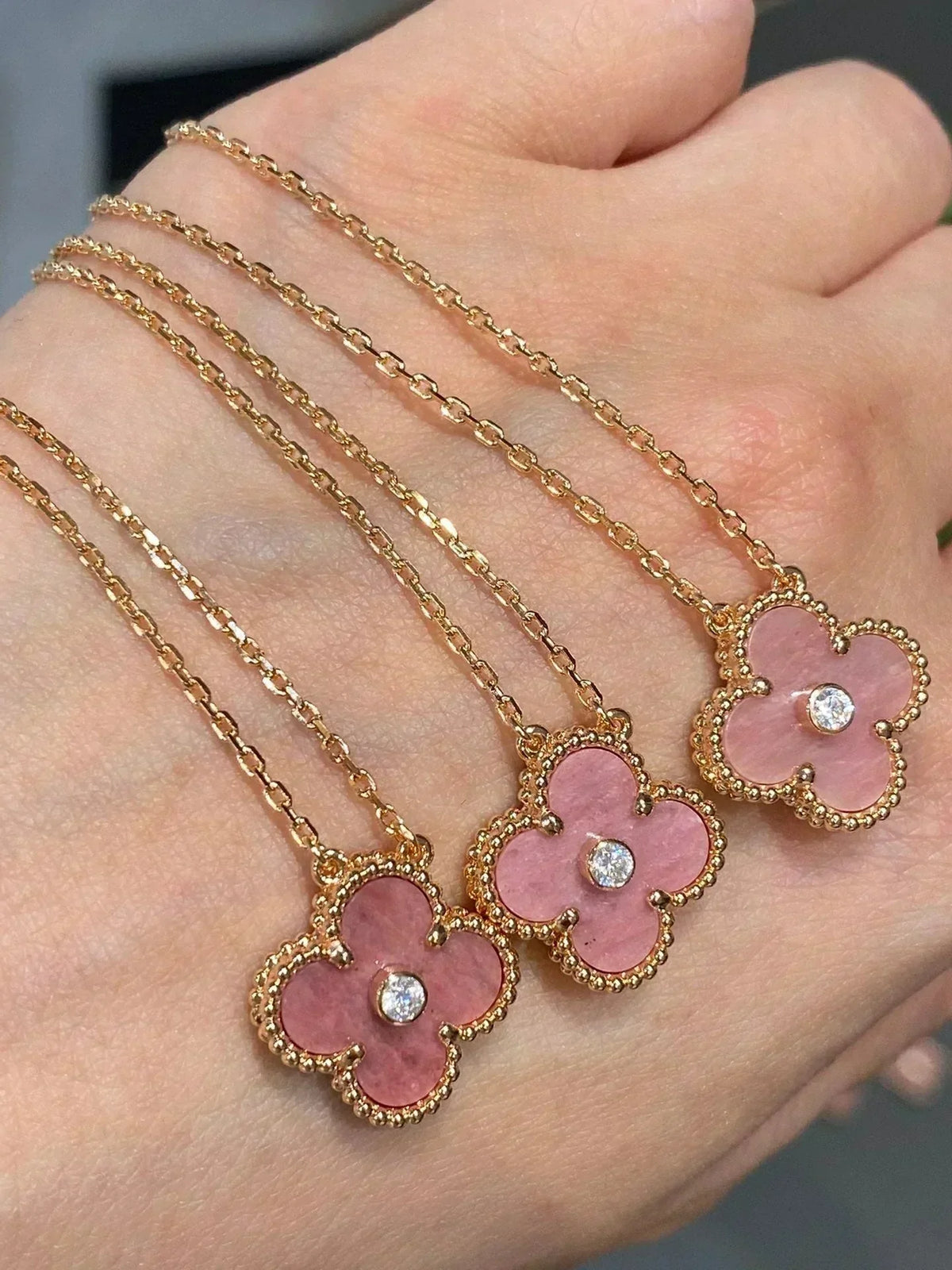 [⭐Shinejoy]CLOVER 15MM DIAMOND RHODONITE NECKLACE