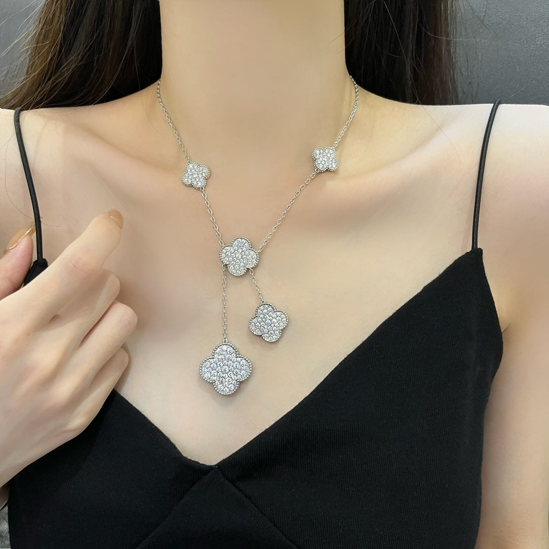 [⭐Shinejoy]クローバー 5モチーフ シルバー ダイヤモンド ネックレス