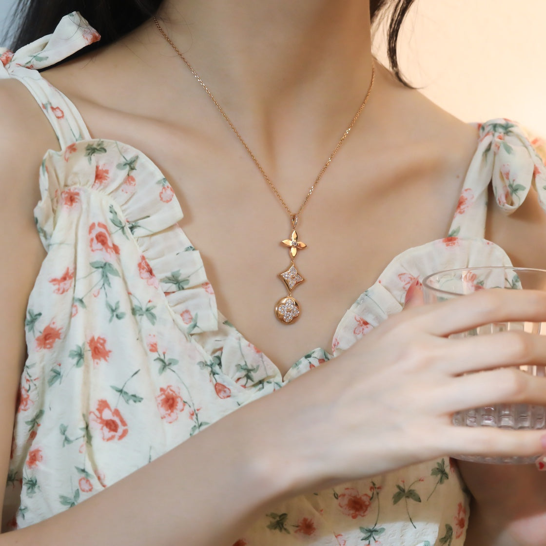 [⭐Shinejoy]STAR AND SUN DIAMOND PINK GOLD NECKLACE