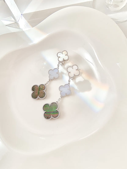 [⭐Shinejoy]クローバー 3モチーフ カルセドニー ダークマザーオブパール シルバーピアス