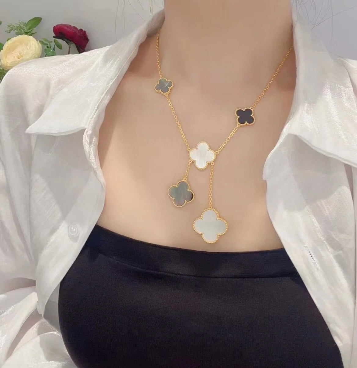[⭐Shinejoy]クローバー 6モチーフ マザーオブパール オニキス ゴールドネックレス
