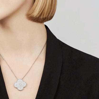 [⭐Shinejoy]CLOVER 25MM ラージペンダント ダイヤモンドパヴェ シルバーネックレス