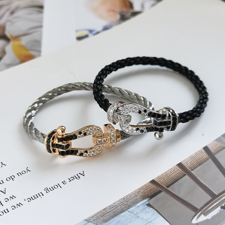 [⭐Shinejoy]FORCE LARGE HORSESHOE BLACK WHITE DIAMOND BRACELET SILVER