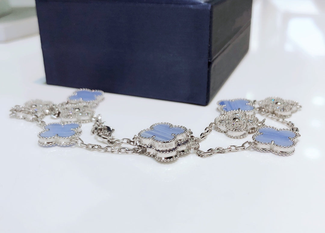 [⭐Shinejoy]クローバー 10モチーフ カルセドニー ダイヤモンド シルバーネックレス