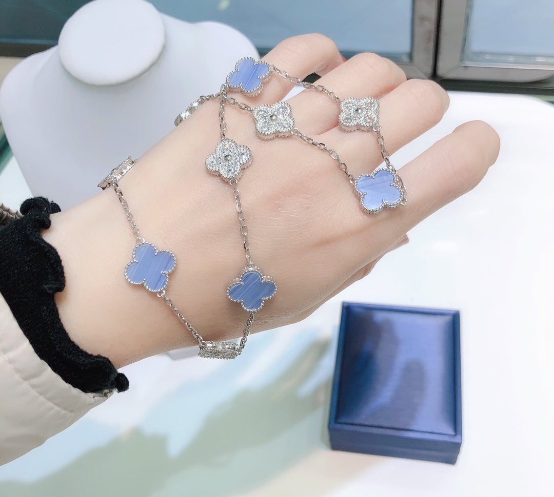 [⭐Shinejoy]クローバー 10モチーフ カルセドニー ダイヤモンド シルバーネックレス